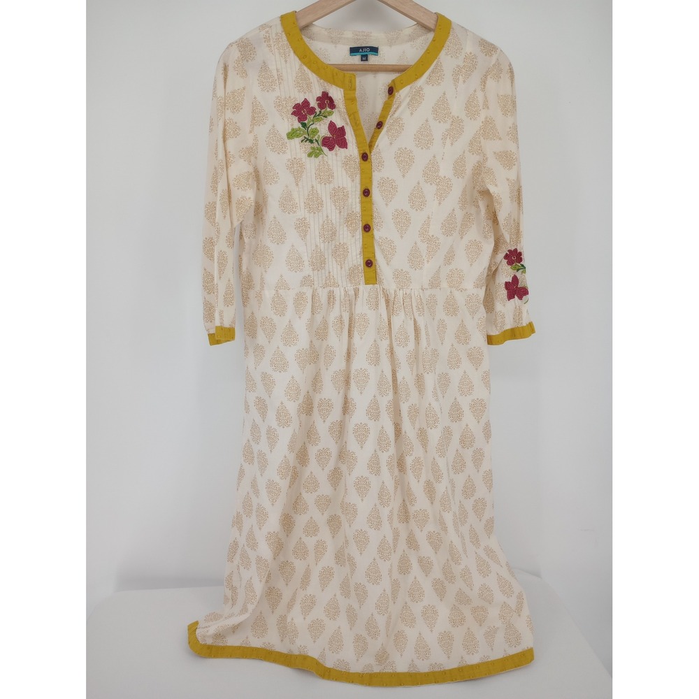 AJIO‎ Dress Womens Medium Cream Tan Floral Embroidered Pintuck Boho